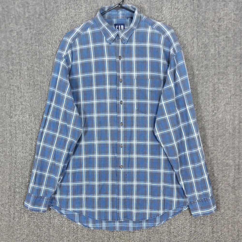 Vintage 90s Gap Shirt Mens Large Blue Plaid 100% Cotton Long Sleeve Button-Up